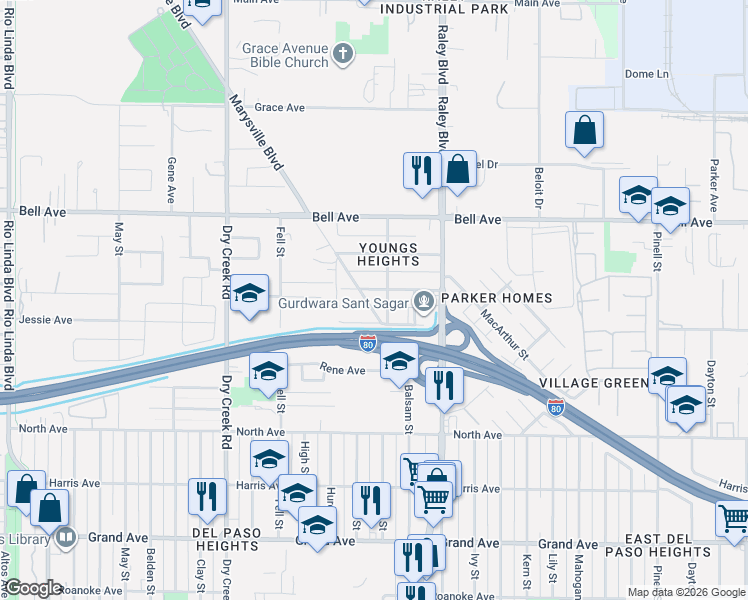 map of restaurants, bars, coffee shops, grocery stores, and more near 4217 Marysville Boulevard in Sacramento