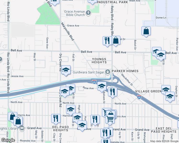 map of restaurants, bars, coffee shops, grocery stores, and more near 4217 Marysville Boulevard in Sacramento