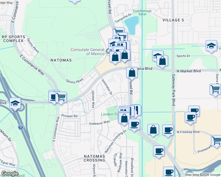 map of restaurants, bars, coffee shops, grocery stores, and more near 4099 Innovator Drive in Sacramento