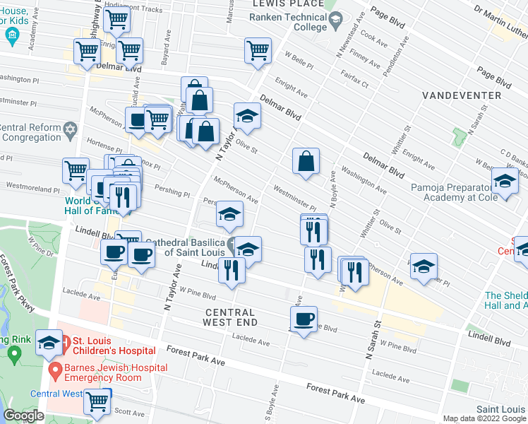 map of restaurants, bars, coffee shops, grocery stores, and more near 4400 McPherson Avenue in St. Louis