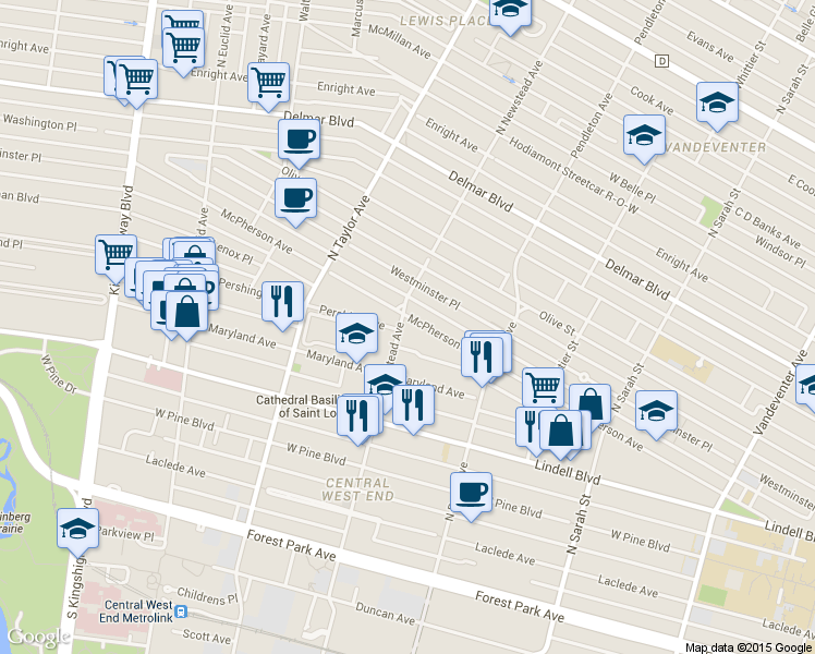 map of restaurants, bars, coffee shops, grocery stores, and more near 4400 McPherson Avenue in St. Louis