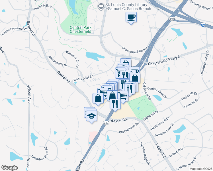 map of restaurants, bars, coffee shops, grocery stores, and more near 1736 Blue Oak Drive in Chesterfield