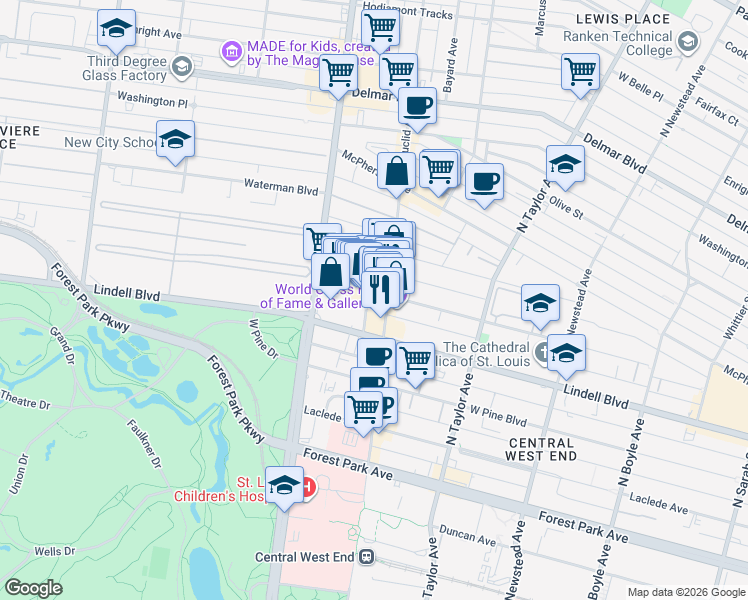 map of restaurants, bars, coffee shops, grocery stores, and more near 221 York Avenue in St. Louis