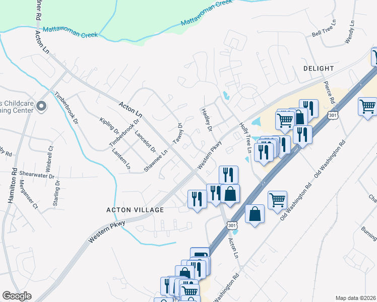 map of restaurants, bars, coffee shops, grocery stores, and more near 2063 Tanglewood Drive in Waldorf