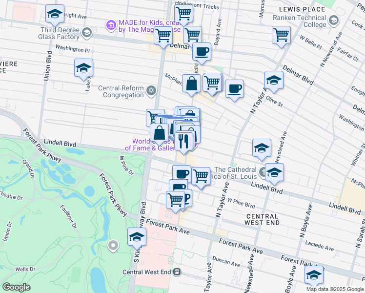 map of restaurants, bars, coffee shops, grocery stores, and more near 10 Maryland Plaza in St. Louis