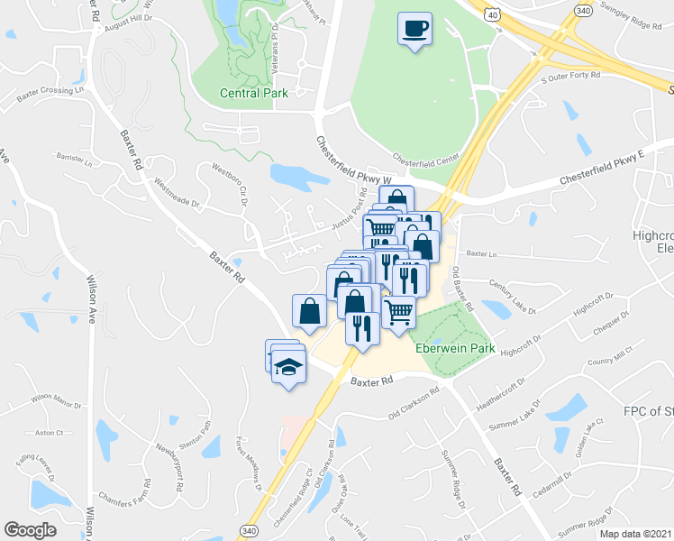 map of restaurants, bars, coffee shops, grocery stores, and more near 1736 Blue Oak Drive in Chesterfield