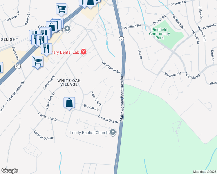 map of restaurants, bars, coffee shops, grocery stores, and more near 1560 Pin Oak Drive in Waldorf