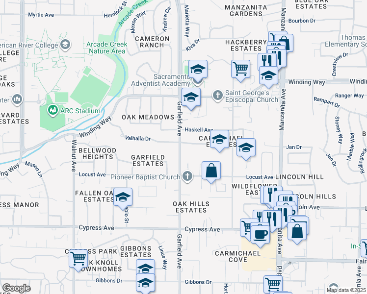 map of restaurants, bars, coffee shops, grocery stores, and more near 4400 Garfield Avenue in Carmichael