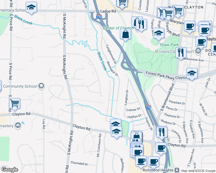 map of restaurants, bars, coffee shops, grocery stores, and more near 719 Louwen Drive in St. Louis