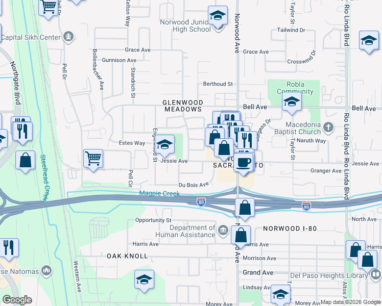 map of restaurants, bars, coffee shops, grocery stores, and more near 300 Yampa Circle in Sacramento