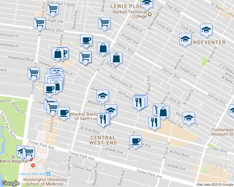 map of restaurants, bars, coffee shops, grocery stores, and more near 4400 McPherson Avenue in St. Louis