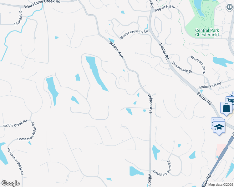 map of restaurants, bars, coffee shops, grocery stores, and more near 5 Chesterfield Lakes Road in Chesterfield