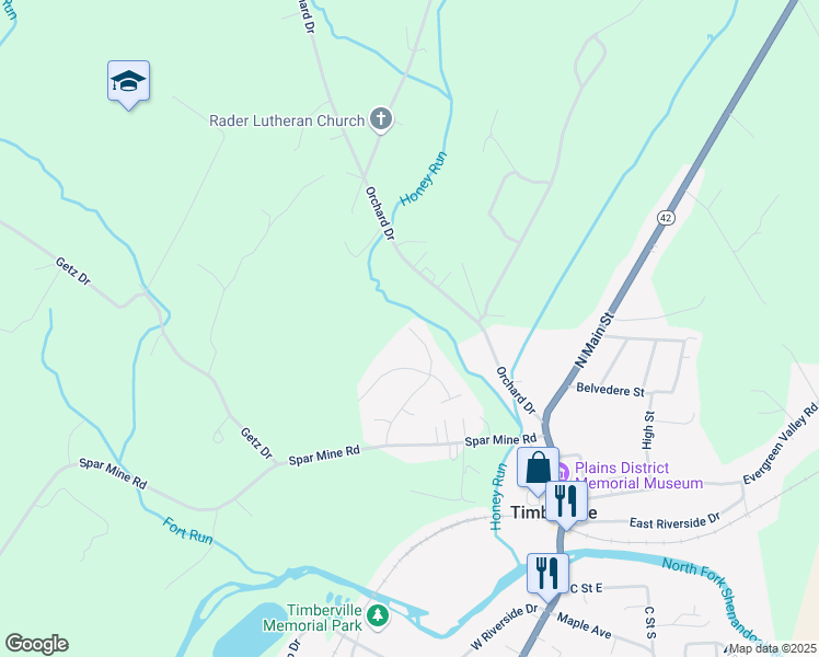 map of restaurants, bars, coffee shops, grocery stores, and more near 15025 Woodcreek Lane in Timberville