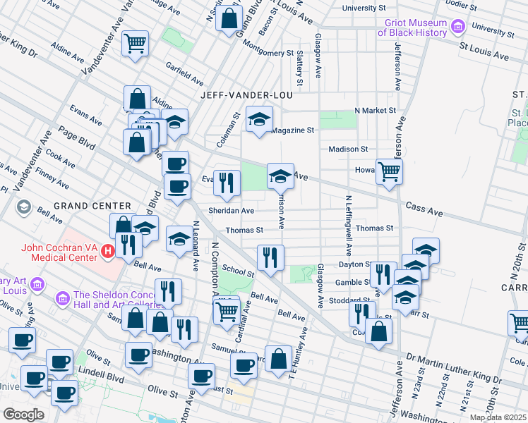 map of restaurants, bars, coffee shops, grocery stores, and more near 3026 Sheridan Avenue in St. Louis