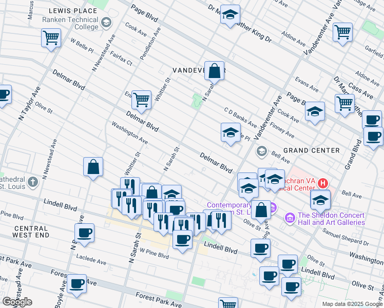 map of restaurants, bars, coffee shops, grocery stores, and more near 4036 Delmar Boulevard in St. Louis