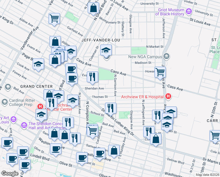 map of restaurants, bars, coffee shops, grocery stores, and more near 3018 Sheridan Avenue in St. Louis