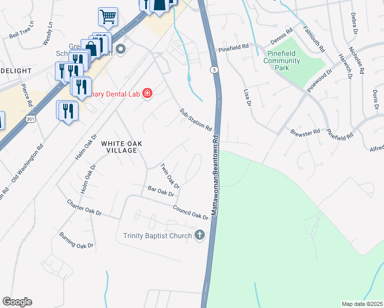 map of restaurants, bars, coffee shops, grocery stores, and more near 1560 Pin Oak Drive in Waldorf