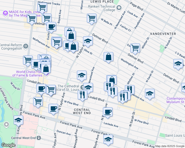 map of restaurants, bars, coffee shops, grocery stores, and more near 4400 McPherson Avenue in St. Louis