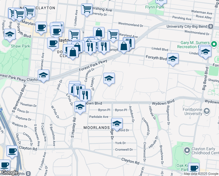 map of restaurants, bars, coffee shops, grocery stores, and more near in Clayton