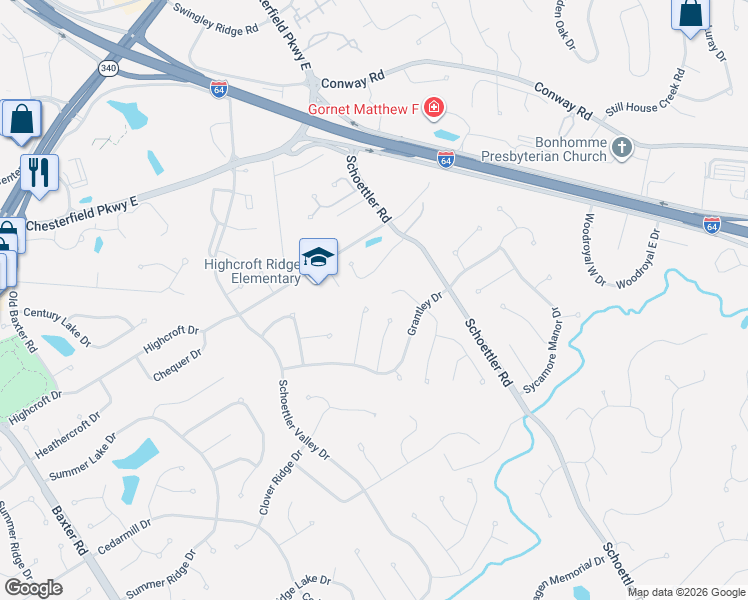 map of restaurants, bars, coffee shops, grocery stores, and more near 1800 Shadywood Court in Chesterfield