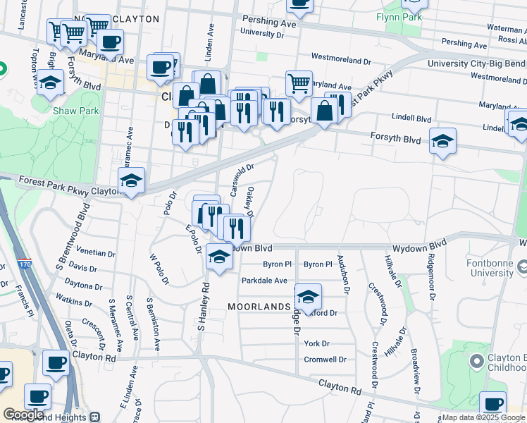 map of restaurants, bars, coffee shops, grocery stores, and more near 440 Edgewood Drive in Clayton