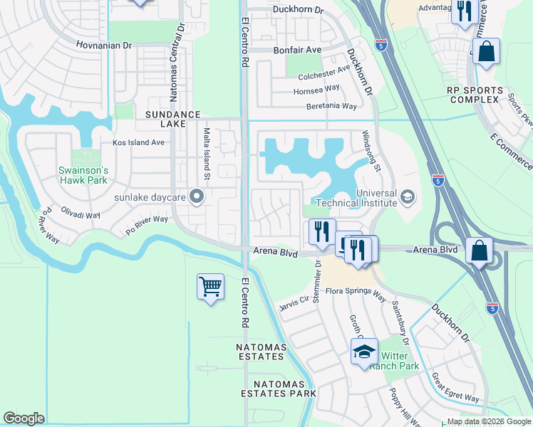 map of restaurants, bars, coffee shops, grocery stores, and more near 4927 Gardendell Road in Sacramento