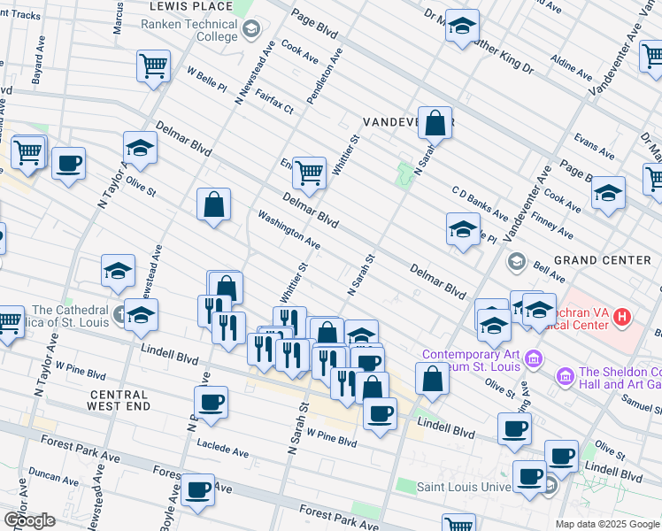 map of restaurants, bars, coffee shops, grocery stores, and more near 4132 Washington Boulevard in St. Louis