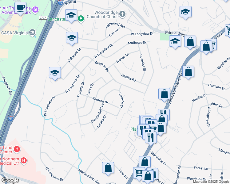 map of restaurants, bars, coffee shops, grocery stores, and more near 14205 Chesterfield Drive in Woodbridge