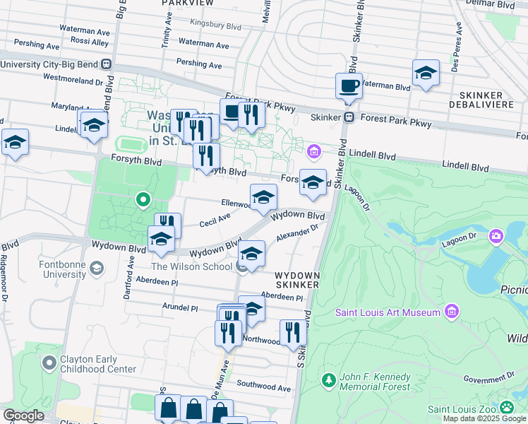 map of restaurants, bars, coffee shops, grocery stores, and more near 6345 Wydown Boulevard in Clayton