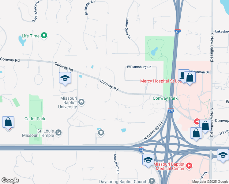 map of restaurants, bars, coffee shops, grocery stores, and more near 12418 Conway Road in Creve Coeur