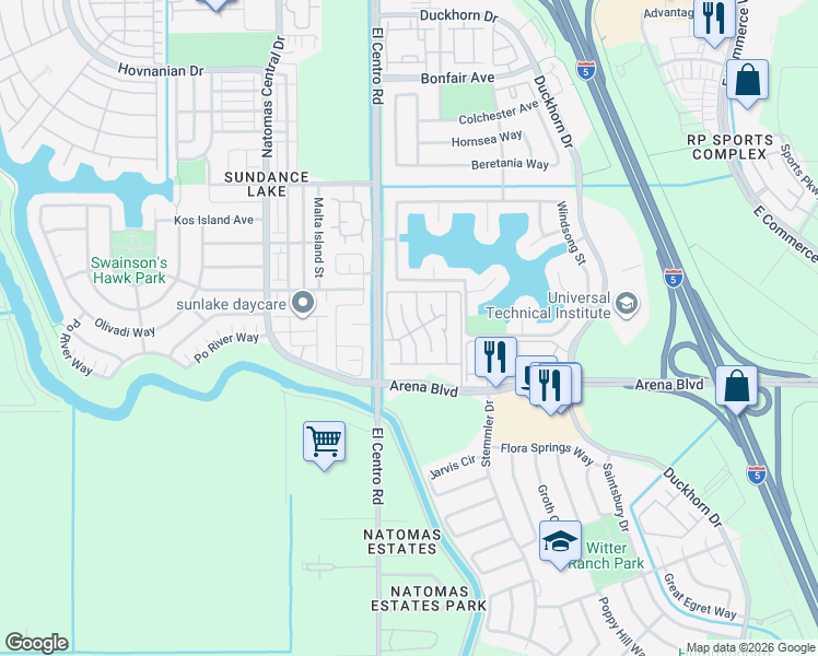 map of restaurants, bars, coffee shops, grocery stores, and more near 4927 Gardendell Road in Sacramento