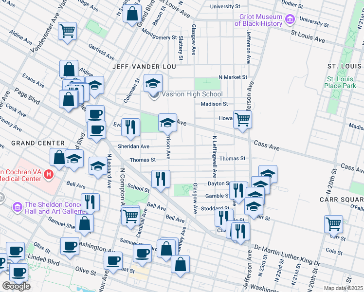 map of restaurants, bars, coffee shops, grocery stores, and more near 2936 Sheridan Avenue in St. Louis