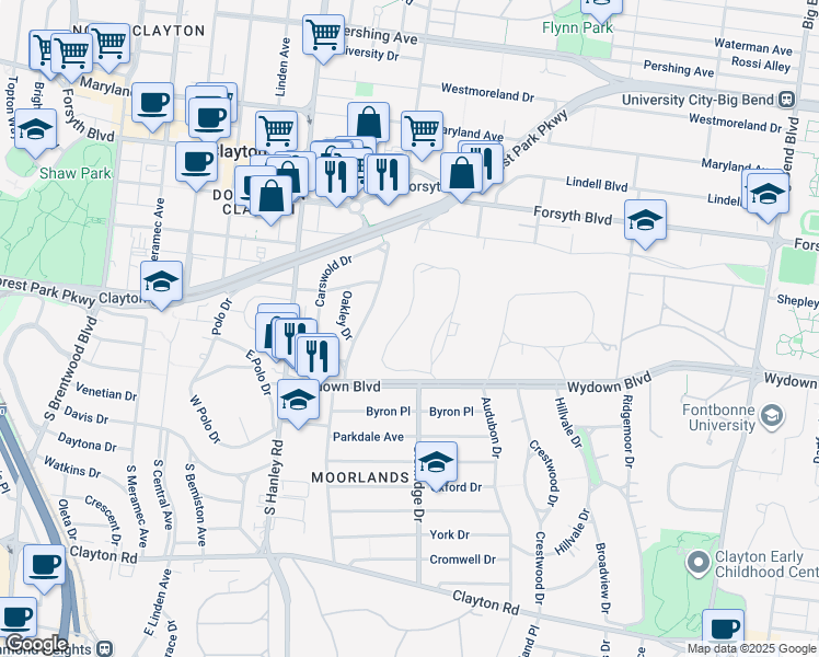 map of restaurants, bars, coffee shops, grocery stores, and more near in Clayton