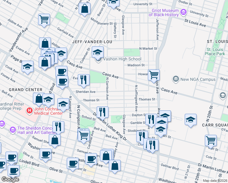 map of restaurants, bars, coffee shops, grocery stores, and more near 2936 Sheridan Avenue in Saint Louis