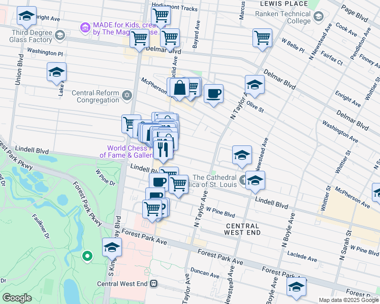 map of restaurants, bars, coffee shops, grocery stores, and more near 4611 Maryland Avenue in St. Louis