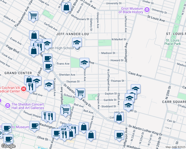 map of restaurants, bars, coffee shops, grocery stores, and more near 2922 Sheridan Avenue in St. Louis