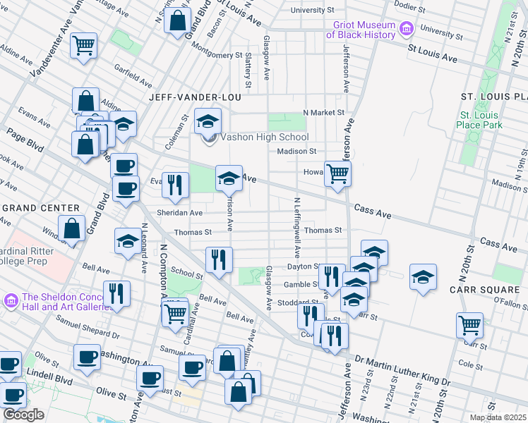 map of restaurants, bars, coffee shops, grocery stores, and more near 2904 Sheridan Avenue in St. Louis