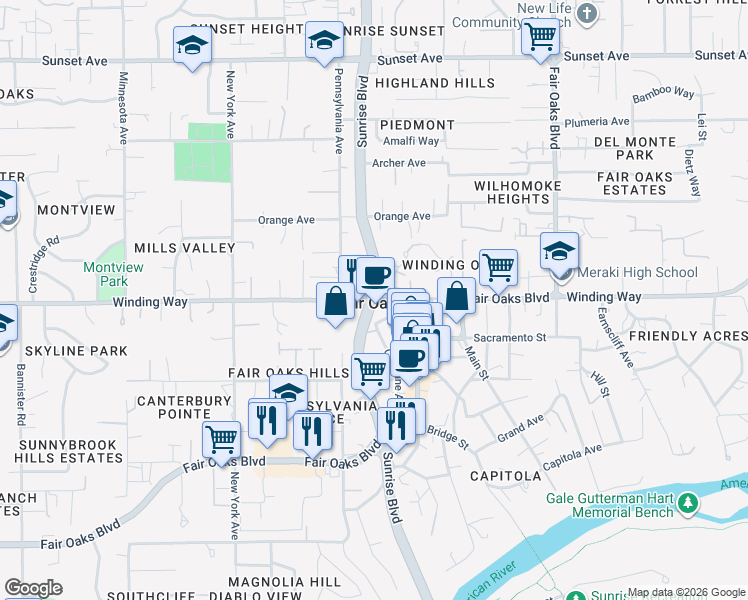 map of restaurants, bars, coffee shops, grocery stores, and more near Sunrise Blvd & Winding Way in Fair Oaks
