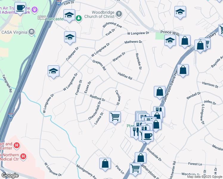 map of restaurants, bars, coffee shops, grocery stores, and more near 14205 Chesterfield Drive in Woodbridge