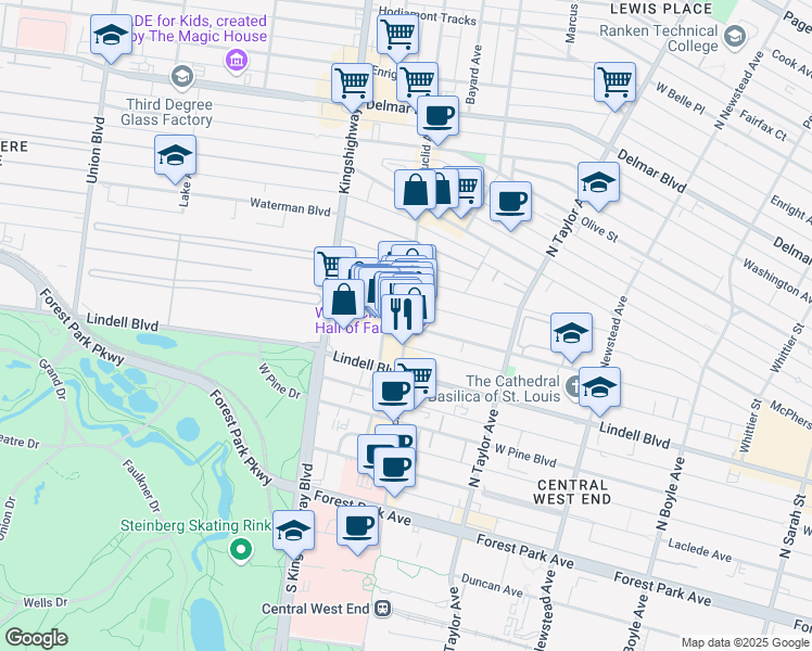 map of restaurants, bars, coffee shops, grocery stores, and more near N Euclid Ave & Maryland Plaza in St. Louis