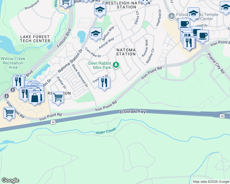 map of restaurants, bars, coffee shops, grocery stores, and more near 1180 Iron Point Road in Folsom