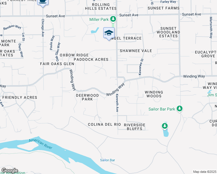 map of restaurants, bars, coffee shops, grocery stores, and more near 8485 Winding Way in Fair Oaks
