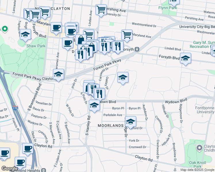 map of restaurants, bars, coffee shops, grocery stores, and more near 456 Oakley Drive in Clayton