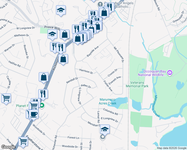 map of restaurants, bars, coffee shops, grocery stores, and more near 1405 Harrison Street in Woodbridge