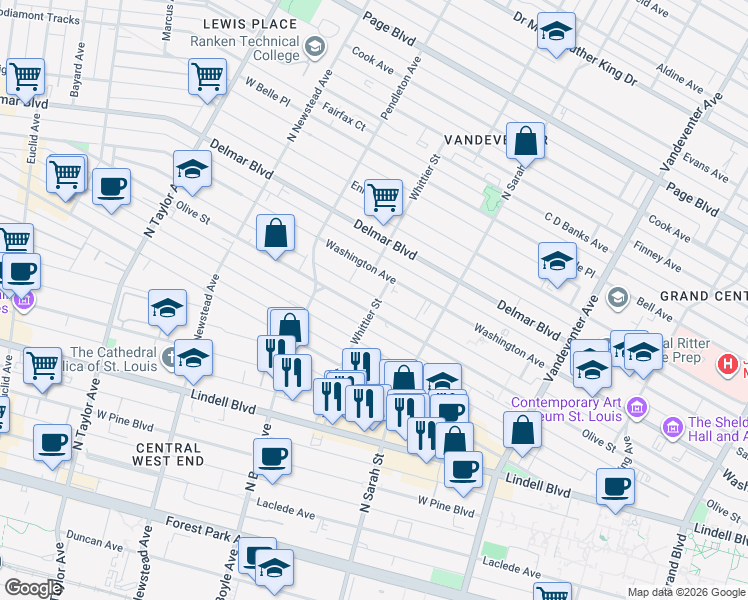 map of restaurants, bars, coffee shops, grocery stores, and more near 4165 Olive Street in St. Louis