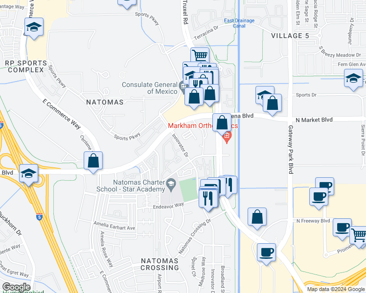 map of restaurants, bars, coffee shops, grocery stores, and more near 4140 Innovator Drive in Sacramento