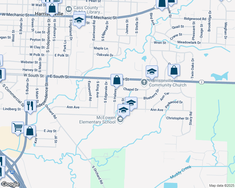 map of restaurants, bars, coffee shops, grocery stores, and more near 1405 South Halsey Avenue in Harrisonville