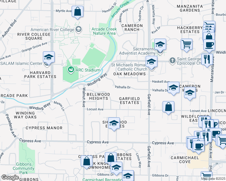 map of restaurants, bars, coffee shops, grocery stores, and more near 5233 Bellwood Way in Carmichael