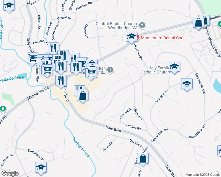 map of restaurants, bars, coffee shops, grocery stores, and more near 3925 Forge Drive in Woodbridge