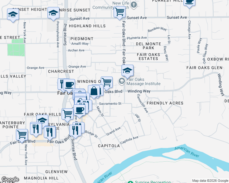 map of restaurants, bars, coffee shops, grocery stores, and more near 4320 Watkins Drive in Fair Oaks